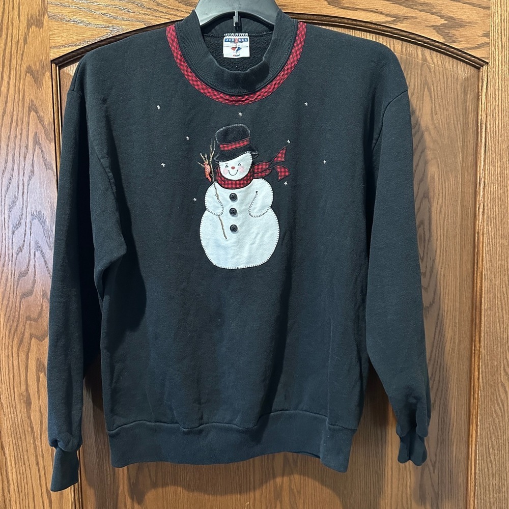 Jerzees Vintage Black Christmas Snowman Embroidered Sweatshirt Holiday‎